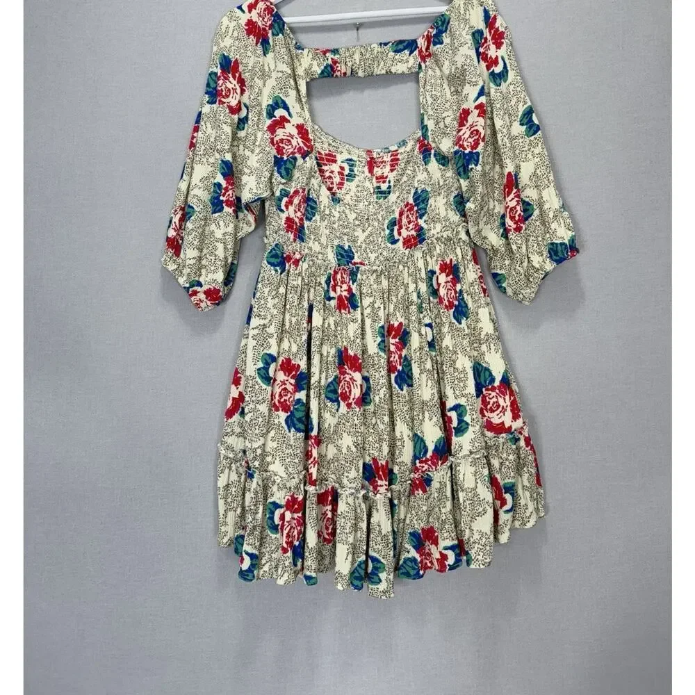 Free People Endless Summer Picnic Mini Dress Womens Large Cream Floral Babydoll - Picture 7 of 15